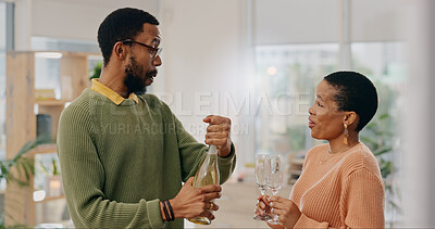 Buy stock photo Champagne bottle, drinks glass and black couple celebrate marriage union, anniversary date or honeymoon. Romantic partner, home wine and African man, woman or people with liquid alcohol beverage