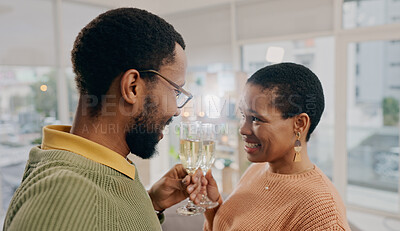 Buy stock photo Home, cheers and black couple with love, champagne and romance with happiness, excited or care. Romantic, man and woman with alcohol, relationship or celebration with support, anniversary or marriage