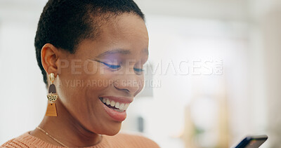 Buy stock photo Smile, black woman and a chat on a phone for communication, social media or a notification. Happy, contact and an African girl reading from a website, streaming app or search on a mobile in a house