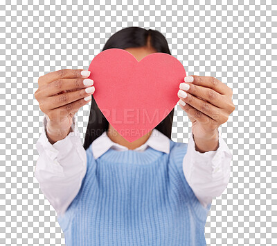 Cover, paper and heart with woman in studio for love, support and romance. Valentines day, kindness and date with female hiding with symbol on yellow background for health, happiness and hope mockup
