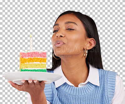 Birthday, cake and woman blowing candle in studio for happy party celebration on yellow background. Happiness, gen z girl and candles in rainbow dessert to celebrate milestone, event or achievement.