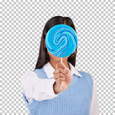 cover, lollipop and candy with woman in studio for sweets, colorful snack and food. Treats, dessert and sugar confectionery with female isolated on yellow background for diet, eating and hiding
