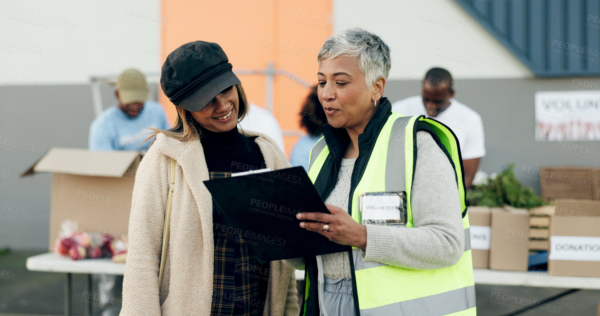 Buy stock photo Woman volunteering, manager checklist and food donation, NGO project or community service management or support. Nonprofit people or senior leader help, planning or registration documents for charity