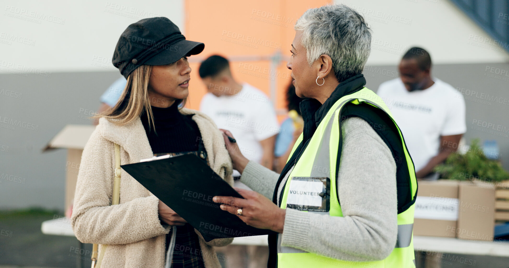 Buy stock photo Women volunteering, checklist and food donation, NGO project or community service management and support. Nonprofit people or senior manager helping, talking and registration or clipboard for charity