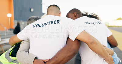 Buy stock photo Recycle, charity and a volunteer group in a huddle together for teamwork, unity or solidarity. Community, team building and sustainability with ngo people hugging in support of an earth day project