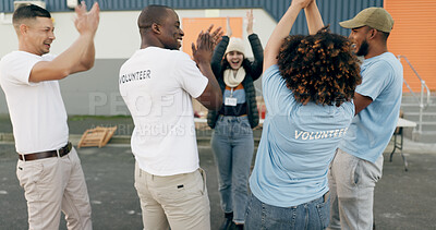 Buy stock photo Volunteer, applause and group of people celebrate for charity, donation target and teamwork. Collaboration, volunteering and men and women clapping for success in NGO, recycle and community service