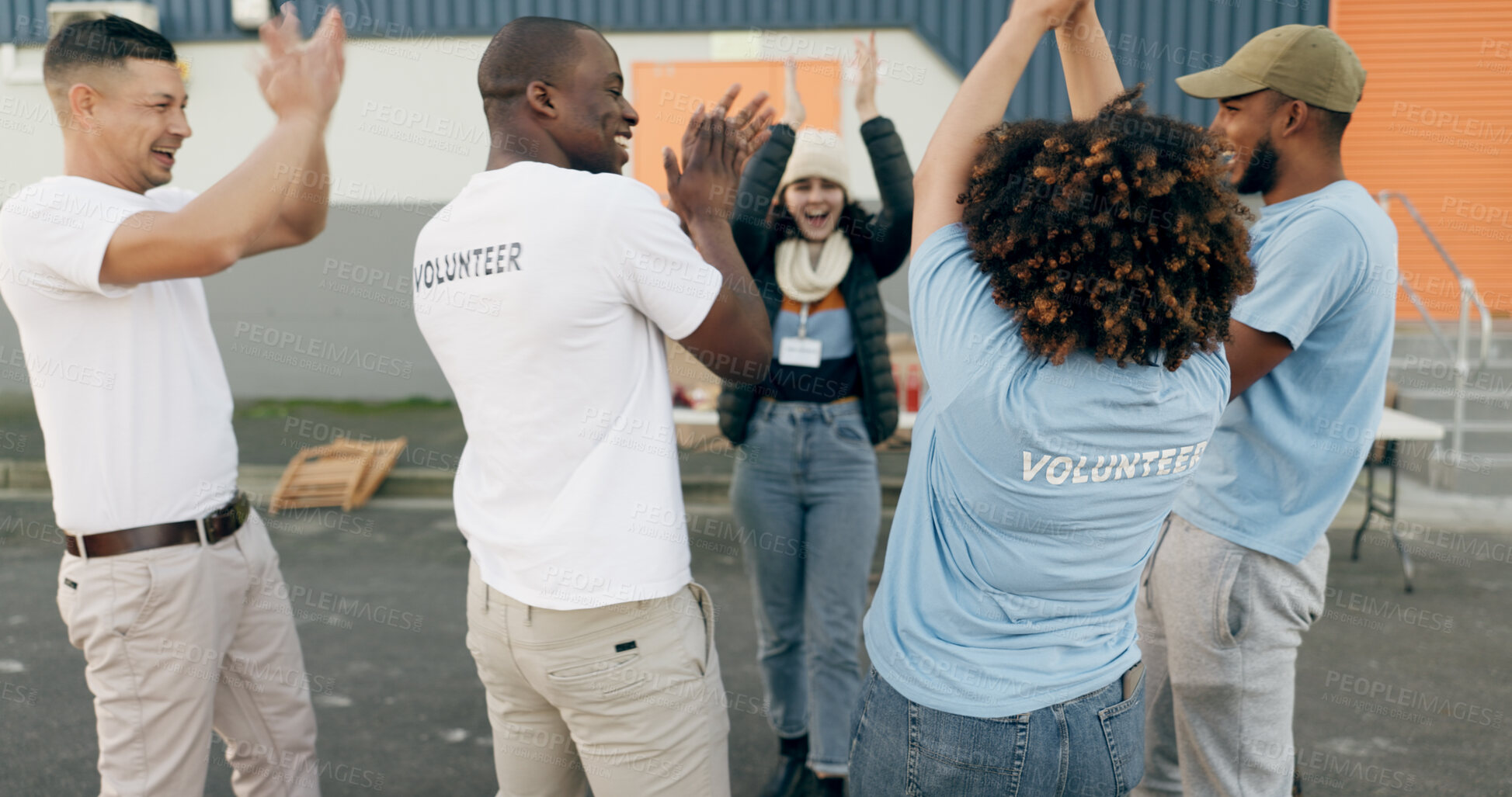 Buy stock photo Volunteer, applause and group of people celebrate for charity, donation target and teamwork. Collaboration, volunteering and men and women clapping for success in NGO, recycle and community service