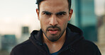Fitness, city portrait and man serious, determined and ready for outdoor cardio, workout commitment or sports. Face, street and urban athlete, runner or person for marathon training challenge