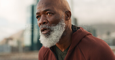 Buy stock photo Senior fitness, breathing and tired man in city for training, cardio or intense run outdoor. Sports, fatigue or elderly male runner stop to breath after running, exercise or marathon practice workout