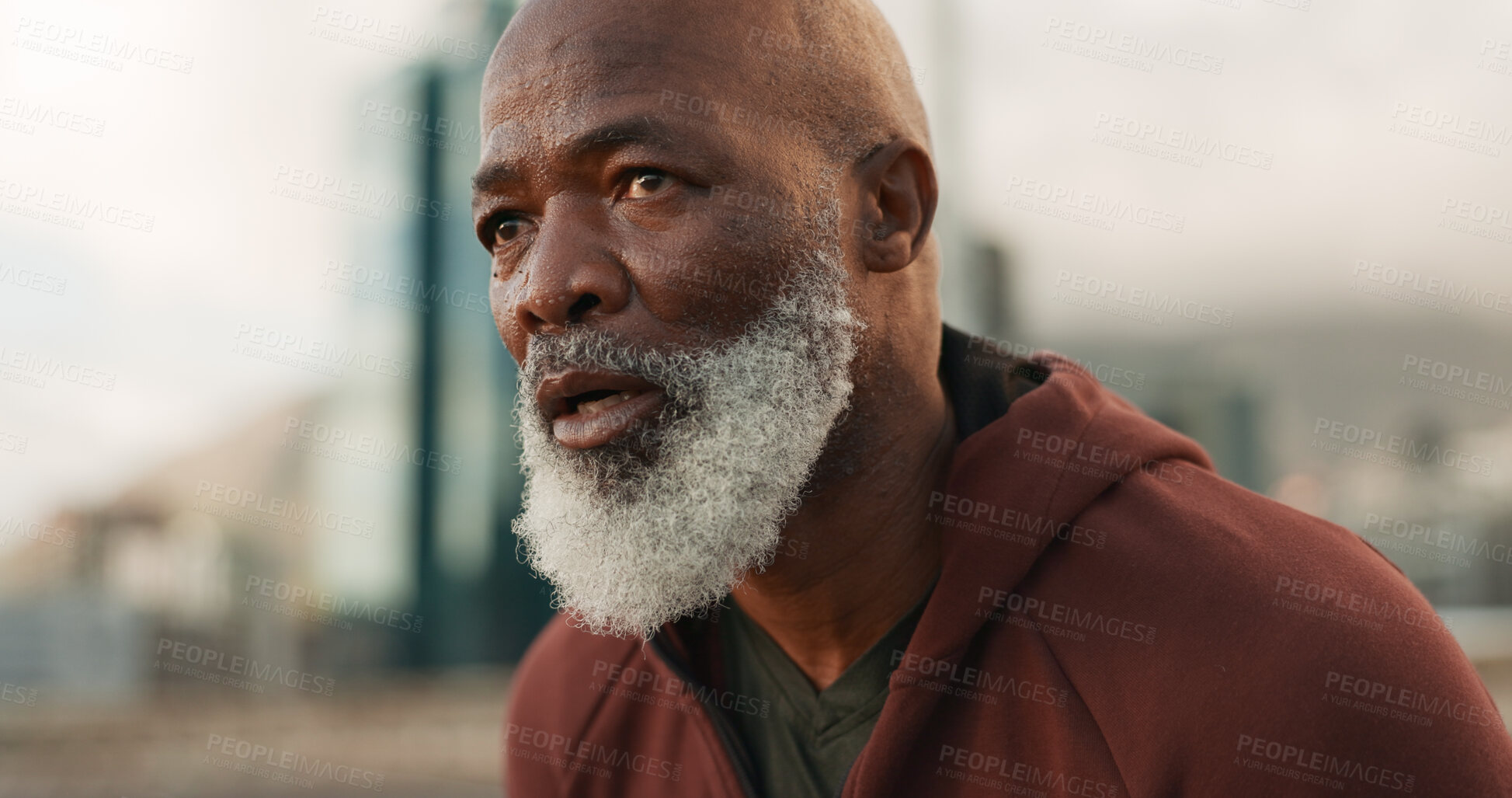 Buy stock photo Senior fitness, breathing and tired man in city for training, cardio or intense run outdoor. Sports, fatigue or elderly male runner stop to breath after running, exercise or marathon practice workout