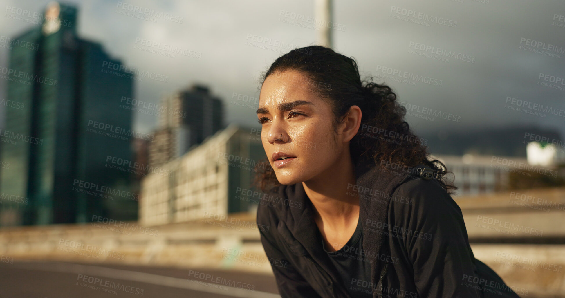 Buy stock photo Woman, athlete and breathe outdoor for fitness, exercise or wellness with city background or nature. Runner, person and tired or relax for workout, training and healthy body with sportswear in street