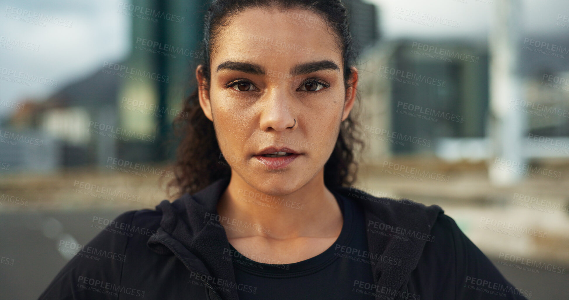 Buy stock photo Fitness, city portrait and woman exercise, determined and ready for outdoor cardio, workout commitment or sports. Sweaty face, road and active athlete, runner or person for street training challenge