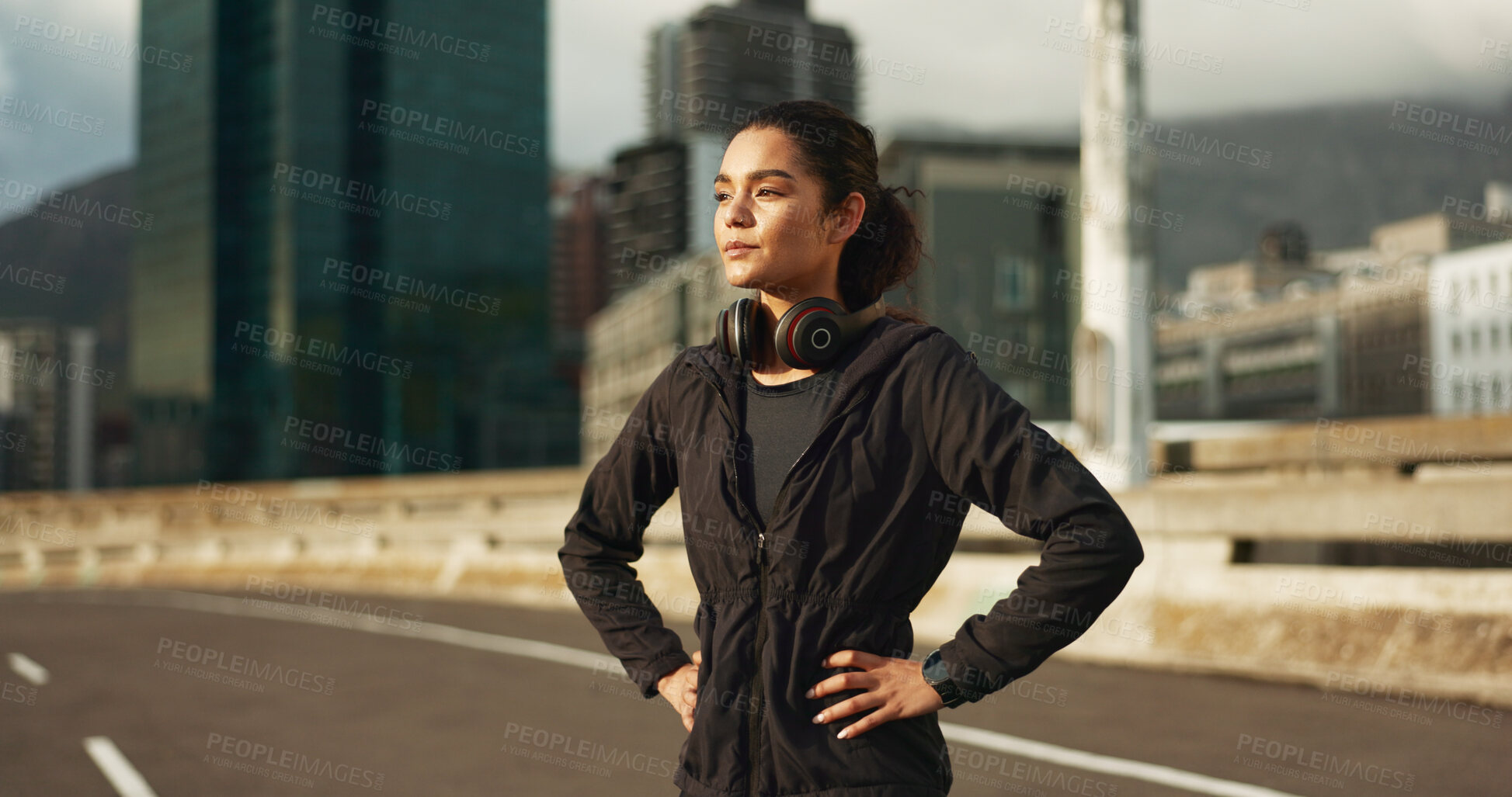 Buy stock photo Thinking, city and woman training, active and looking at view, buildings and planning morning cardio, wellness or workout. Sunshine, road or fitness athlete, runner or person exercise in Chicago, USA