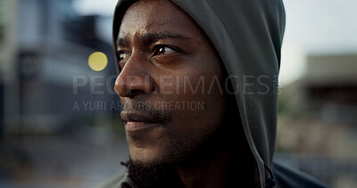 Buy stock photo Morning exercise, face and thinking, black man in city on rest from wellness workout in hoodie. Relax, breathing and African athlete on calm urban fitness with fatigue, reflection and outdoor air.