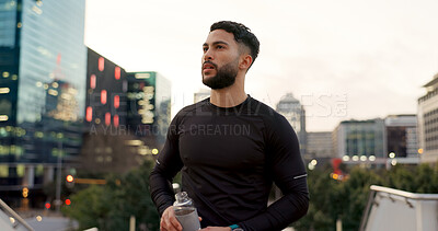 Buy stock photo Fitness, face and thinking, man in city on rest from morning workout with water bottle. Relax, breathing and tired athlete with calm urban exercise with fatigue, reflection and drink on street