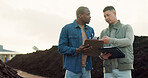 Team, compost business and agriculture of people with clipboard, planning or collaboration. Men in discussion at industrial fertilizer plant, recycle soil or organic waste management on mockup space