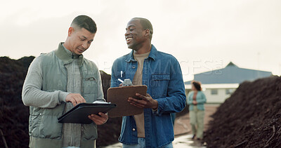 Buy stock photo Team, compost business or agriculture of men with clipboard, tablet or collaboration. Happy people in discussion for industrial soil production, recycle fertilizer or organic waste management outdoor