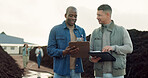 Team, fertilizer business and agriculture of people with clipboard, talking and collaboration. Happy men in discussion for industrial compost plant, recycle soil and organic waste management outdoor