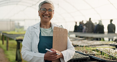 Buy stock photo Scientist, portrait and checklist for greenhouse plants, farming and agriculture inspection or management. Science woman or senior farmer with clipboard for food security, growth and sustainability