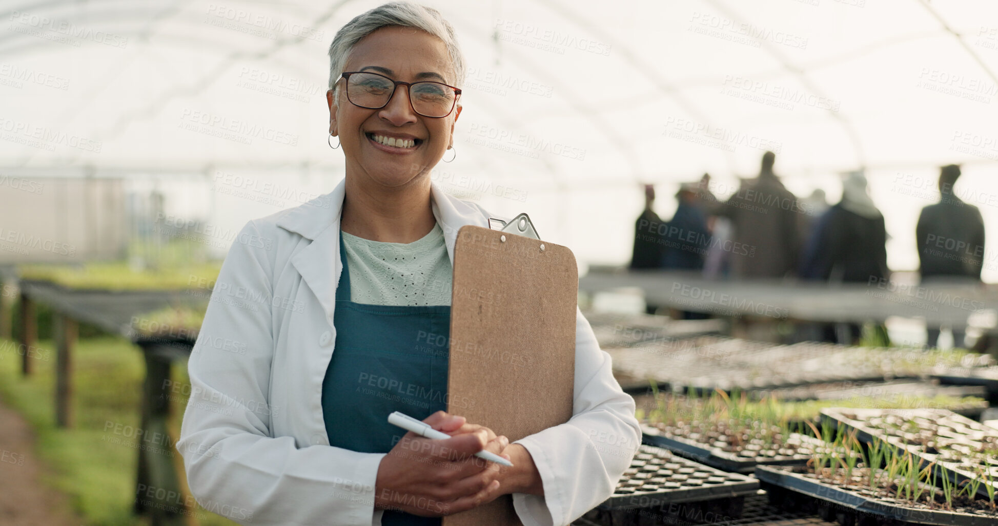 Buy stock photo Scientist, portrait and checklist for greenhouse plants, farming and agriculture inspection or management. Science woman or senior farmer with clipboard for food security, growth and sustainability