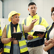 Engineering group, teamwork and people planning in warehouse inspection ...