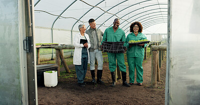 Buy stock photo Farmer, teamwork and greenhouse plants, agriculture and sustainability collaboration in gardening or farming. Professional food scientist, manager and people laughing in portrait for agro development