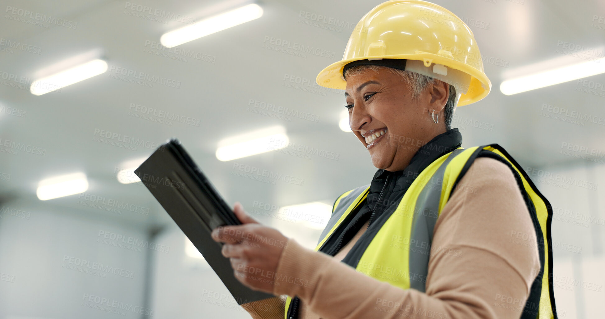 Buy stock photo Engineering, woman and tablet at construction site inspection, building development and industrial renovation. Excited manager on digital tech, design software and architecture planning in warehouse