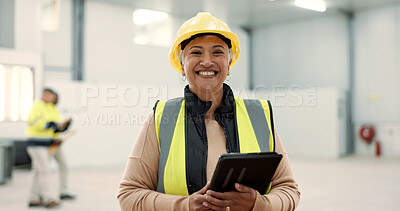 Buy stock photo Engineering, woman and tablet at warehouse or construction site for happy inspection or project management. Portrait of industrial and senior manager on digital technology and architecture planning