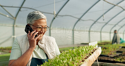 Buy stock photo Woman, phone call and greenhouse plants, farming or agriculture communication, growth and agro business management. Senior farmer, supplier or seller talking on mobile with sprout tray or gardening