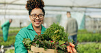 Farmer, woman and vegetables box in greenhouse, agriculture and sustainability with farming portrait. Young african worker with groceries basket, green product harvest and gardening for healthy food