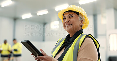 Buy stock photo Happy engineering, woman thinking and tablet for construction, planning building and renovation inspection. Senior manager with digital tech and checklist for warehouse ideas, project or architecture