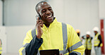 Happy black man, engineer and phone call laughing with tablet for funny joke, meme or discussion at warehouse. African male person, architect or contractor smile on mobile smartphone for conversation