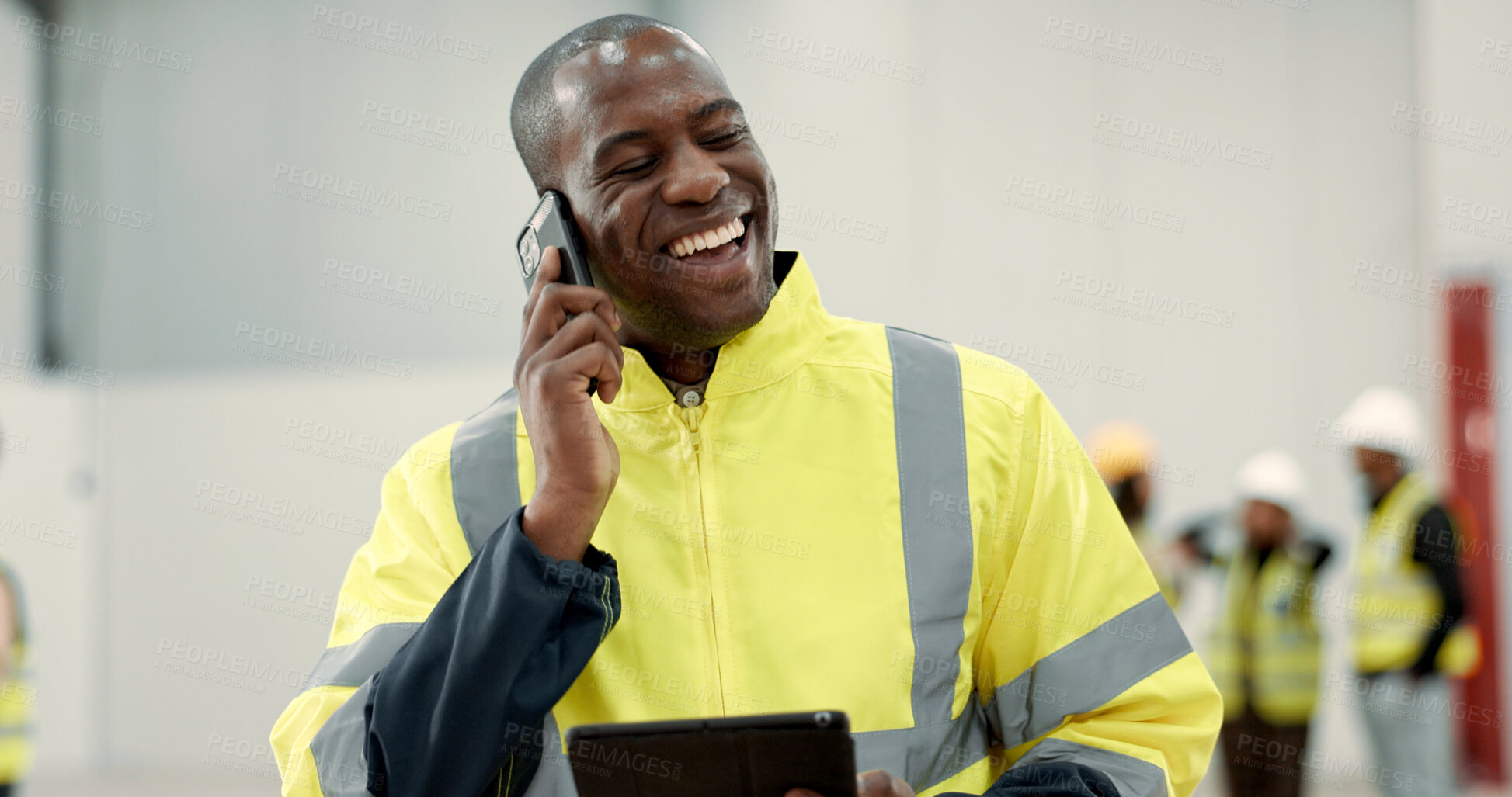 Buy stock photo Happy black man, engineer and phone call laughing with tablet for funny joke, meme or discussion at warehouse. African male person, architect or contractor smile on mobile smartphone for conversation