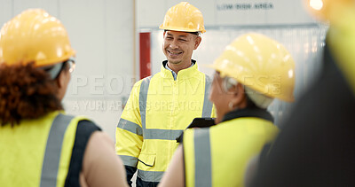 Buy stock photo Construction site, engineering and people in discussion for planning, maintenance and renovation in building. Architecture, meeting and men and women for inspection, property development and project