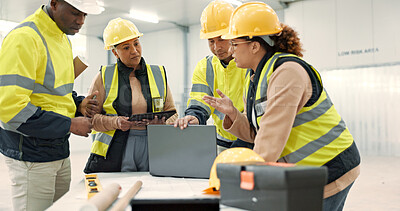 Buy stock photo Construction site, laptop and people in discussion for planning, maintenance and renovation in building. Architecture, engineering and men and women on computer for inspection, development and design