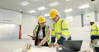 Buy stock photo Engineering people, teamwork and blueprint for construction site planning, building design and tablet in warehouse. Industrial worker and manager with digital technology, floor plan and architecture