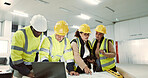 Construction, laptop and people in meeting for planning, maintenance and renovation in building. Architecture, engineering and men and women on computer for inspection, online design and project