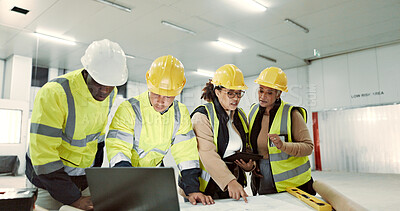 Buy stock photo Construction, laptop and people in meeting for planning, maintenance and renovation in building. Architecture, engineering and men and women on computer for inspection, online design and project