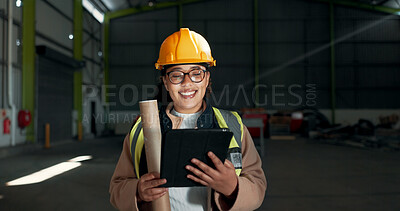 Buy stock photo Architect, tablet or factory woman, happy engineer and smile for construction design, maintenance or engineering illustration. Architecture industry, PPE or person reading warehouse renovation review