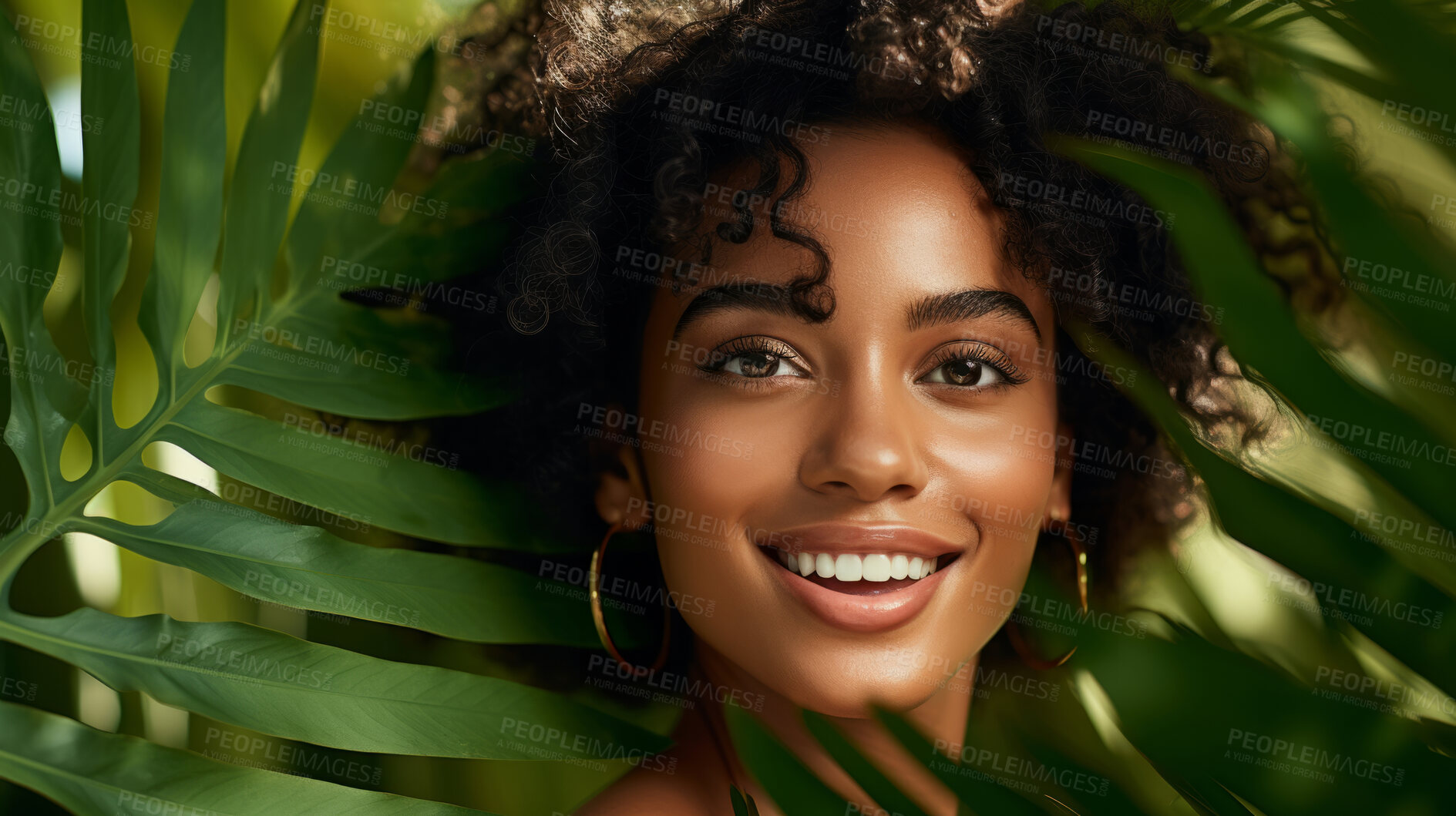 Buy stock photo Happy woman with radiant health skin. Portrait of young female surrounded by plants