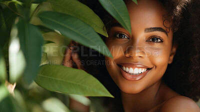 Happy woman with radiant health skin. Portrait of young female surrounded by plants