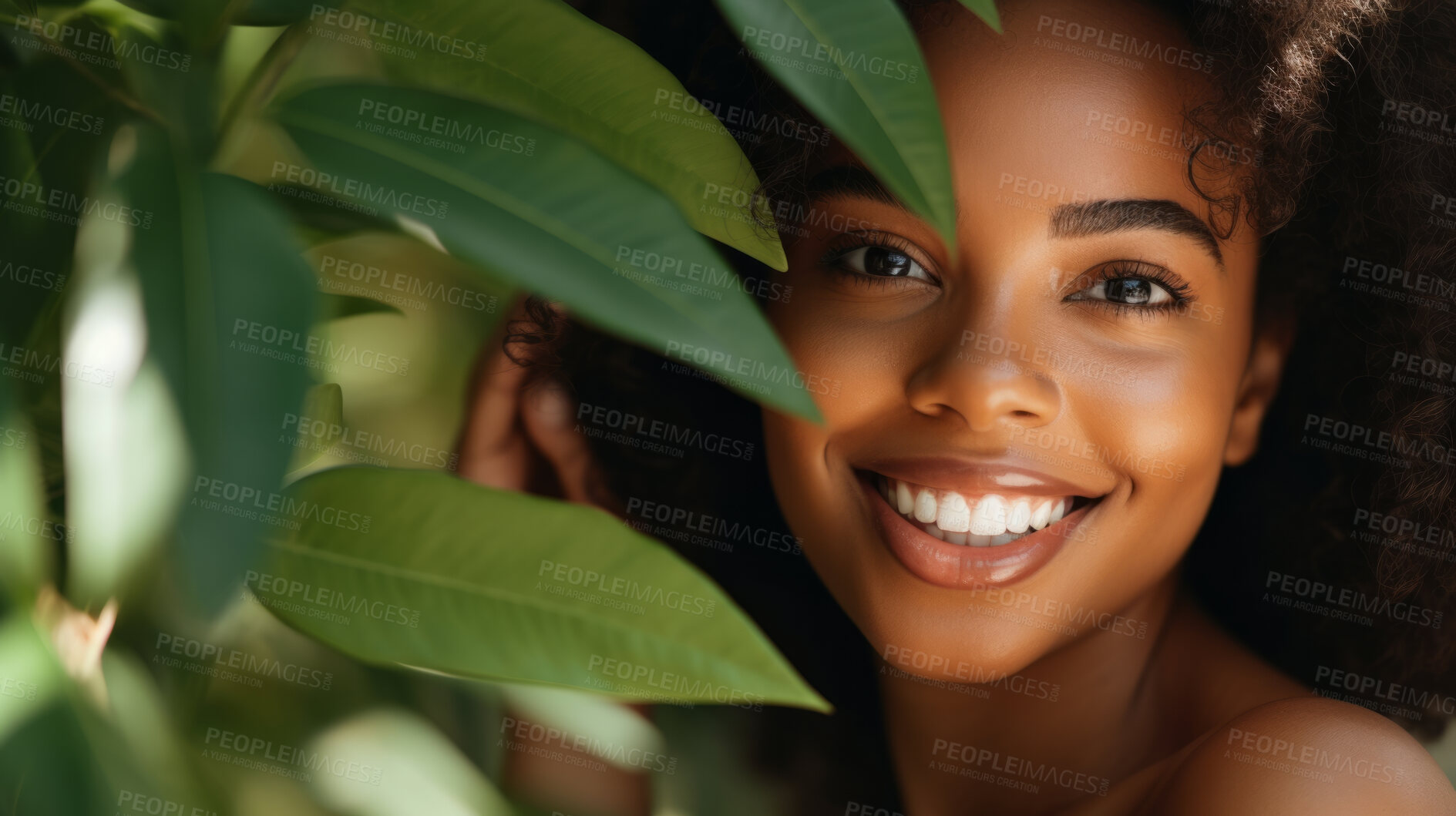 Buy stock photo Happy woman with radiant health skin. Portrait of young female surrounded by plants