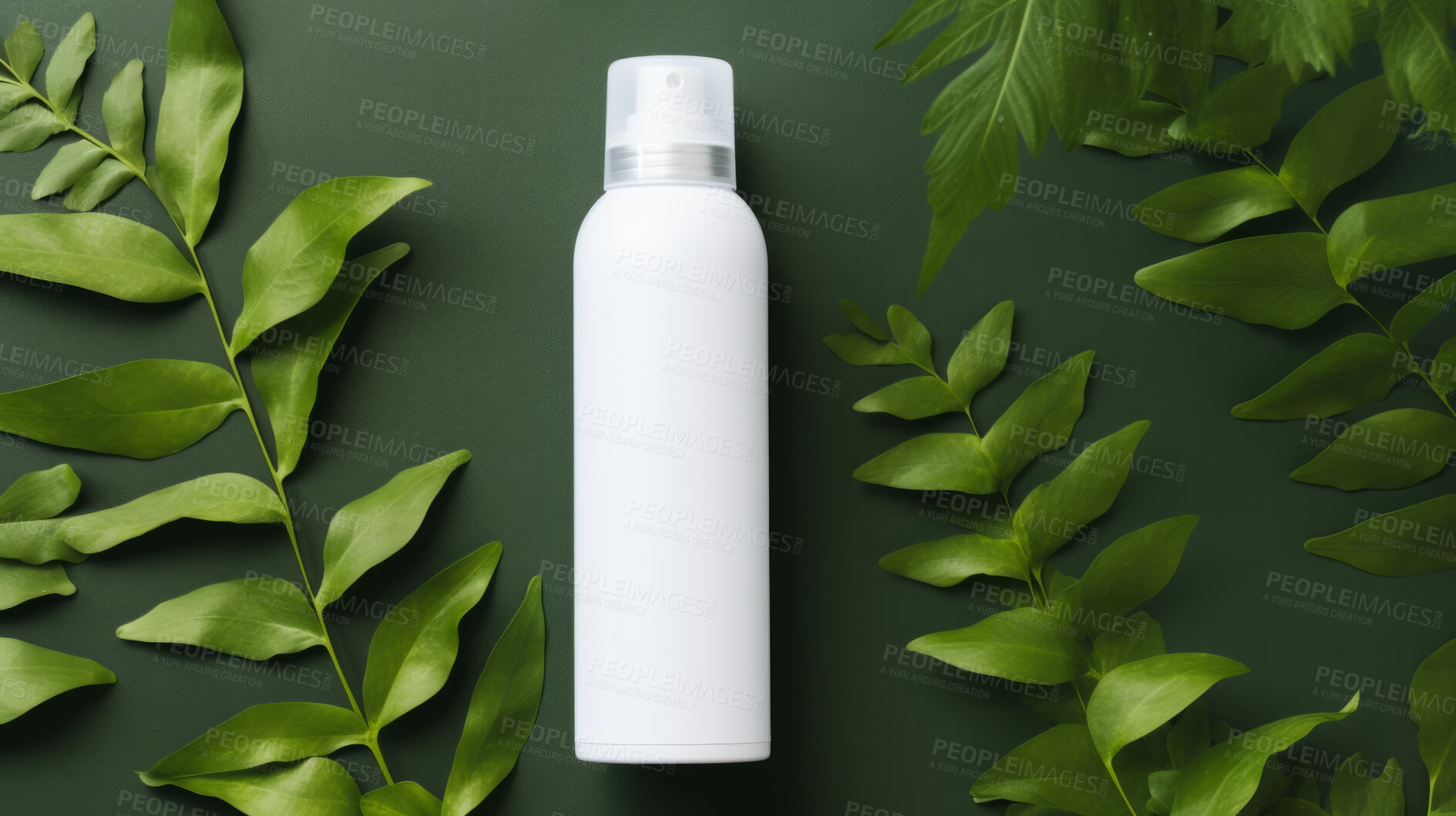 Buy stock photo White blank hairspray container on a green leafy backdrop. For organic or eco friendly product