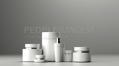 Various beauty product containers, for hygiene, health and skin care, grey background