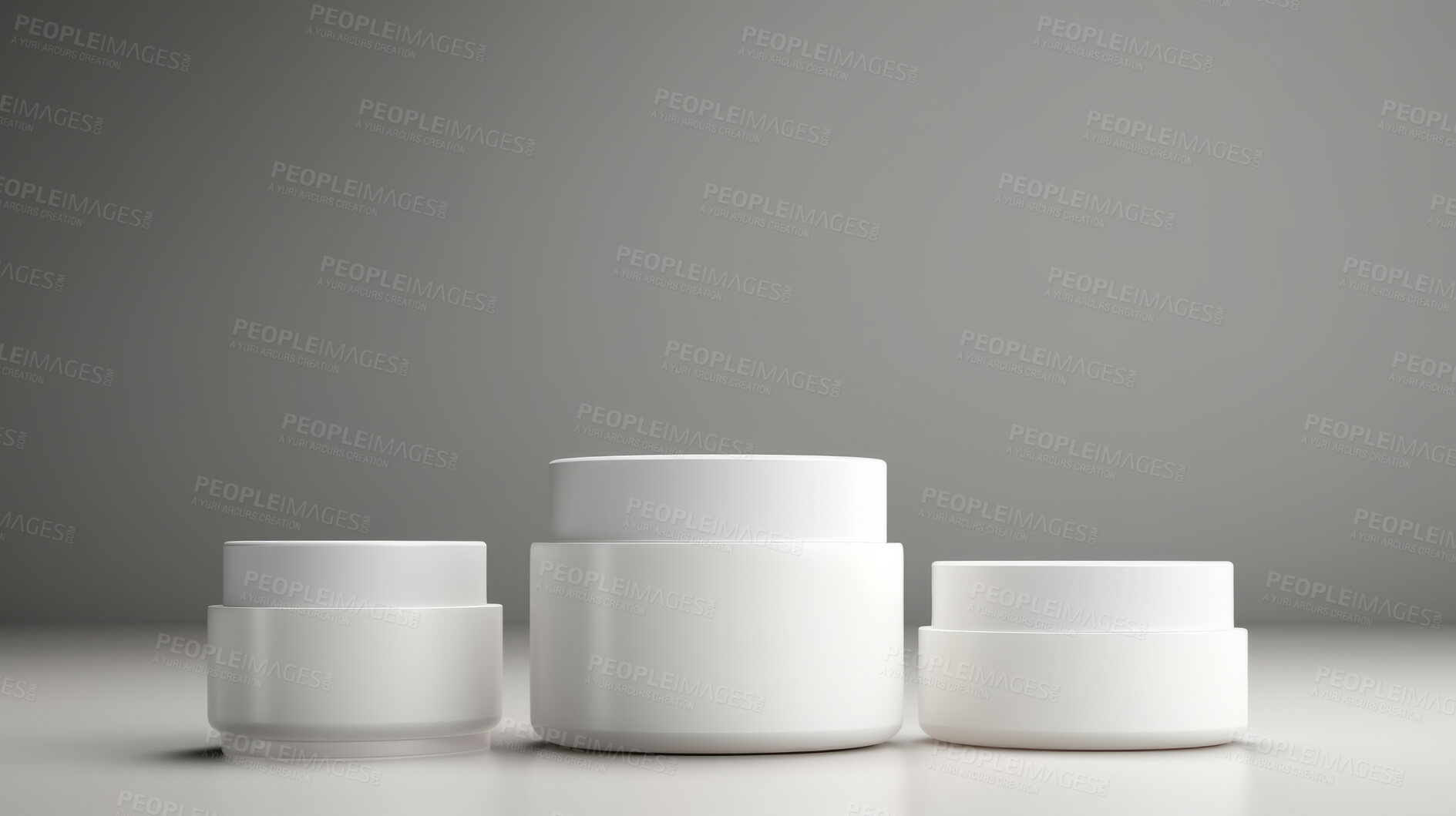 Buy stock photo Various beauty product containers, for hygiene, health and skin care, grey background