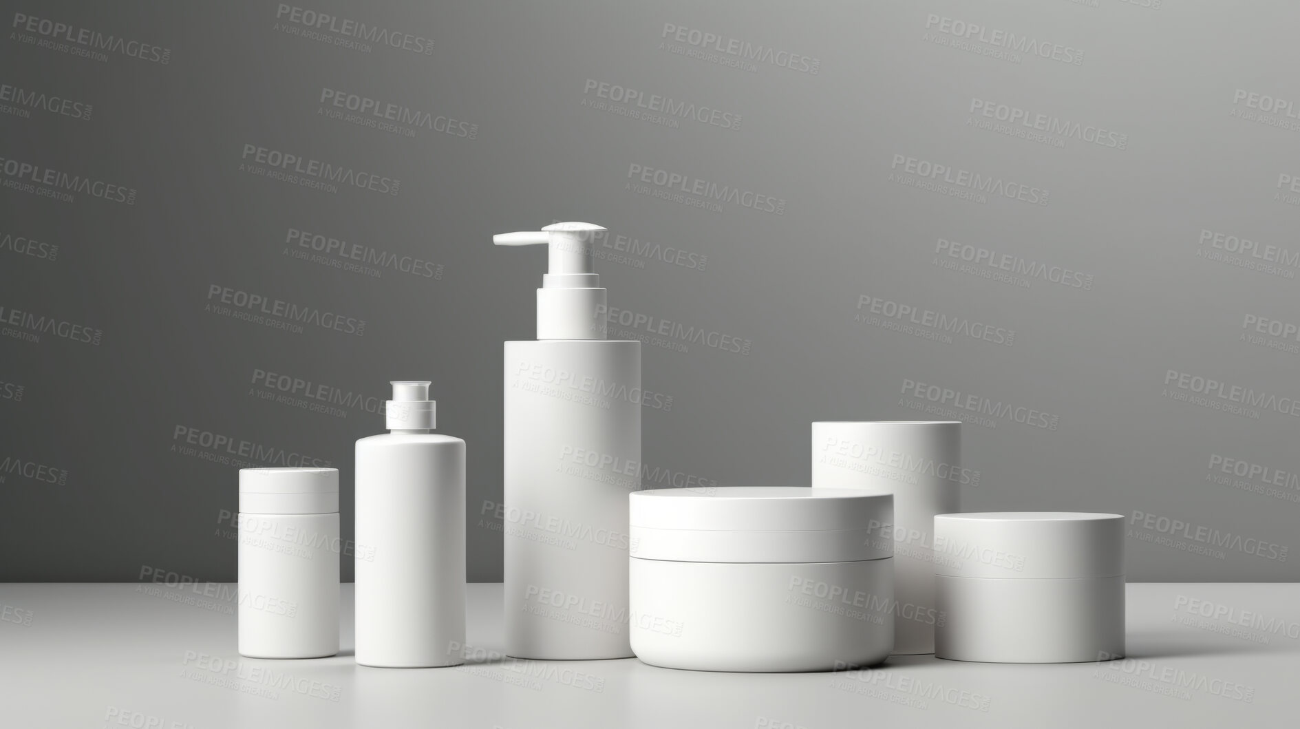 Buy stock photo Various beauty product containers, for hygiene, health and skin care, grey background