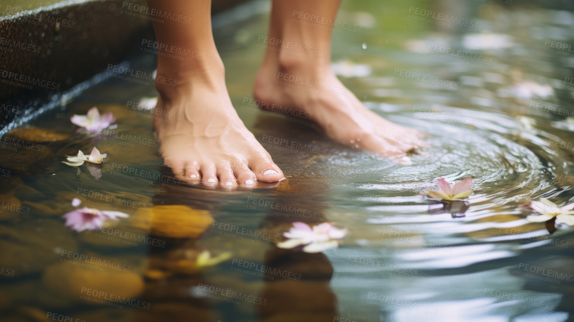 Buy stock photo Close-up of manicured feet in foot spa. Beauty spa for treatment and relaxation