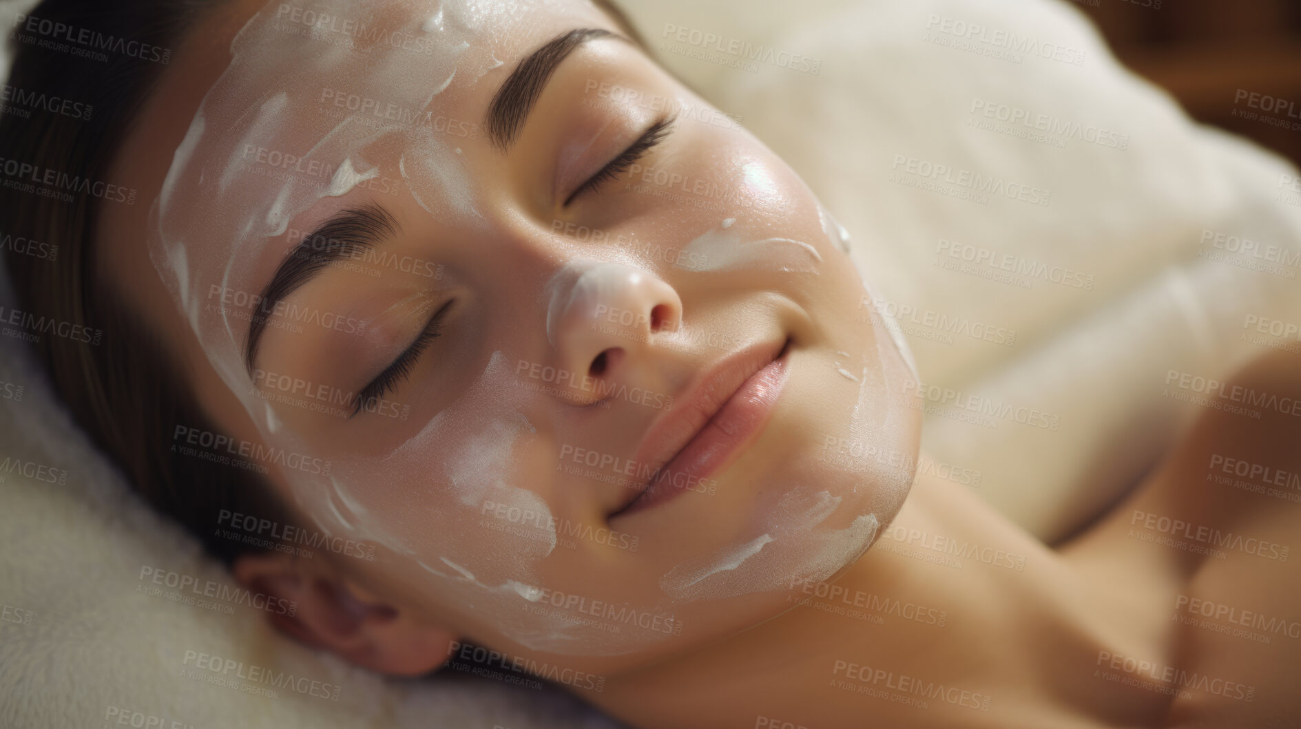 Buy stock photo Woman wearing mask on face in spa beauty salon. Relaxed woman, skin beauty treatment