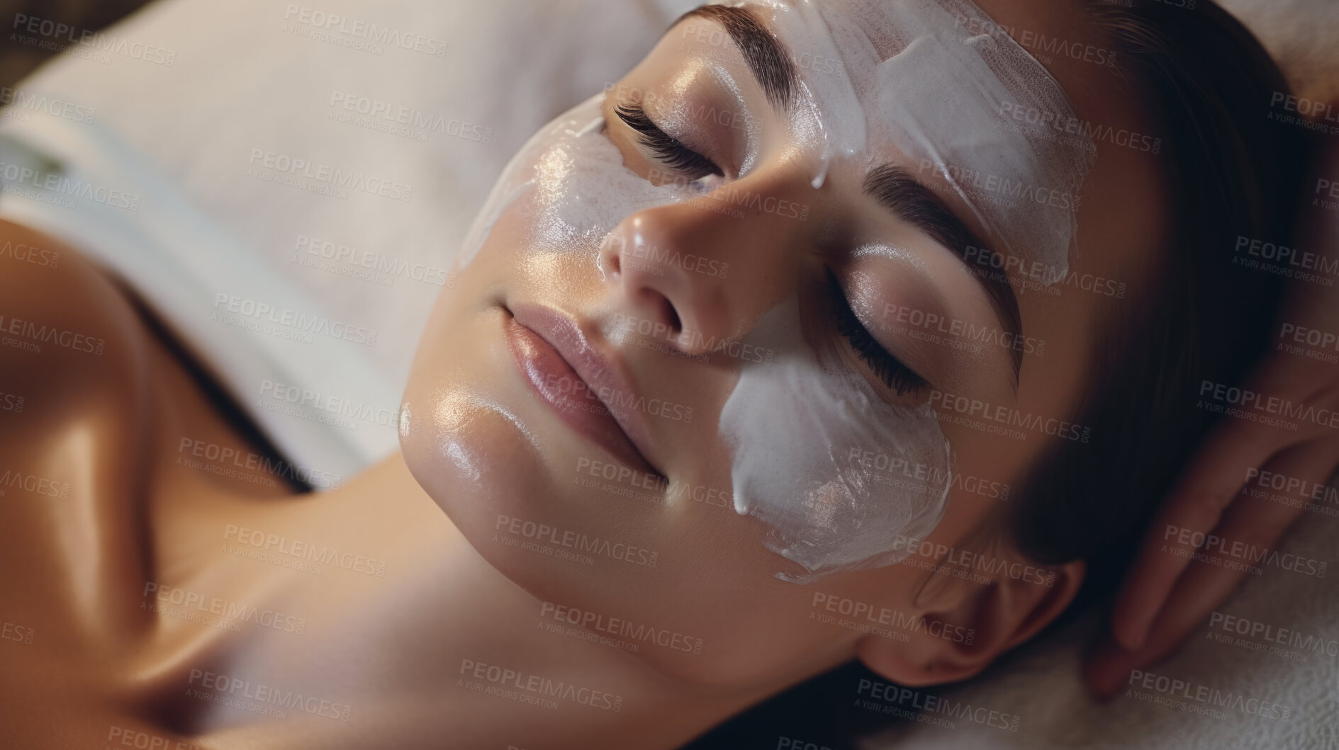 Buy stock photo Woman wearing mask on face in spa beauty salon. Relaxed woman, skin beauty treatment