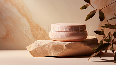 Buy stock photo Modern skin moisturiser jar with rock texture. Eco friendly or recycled product